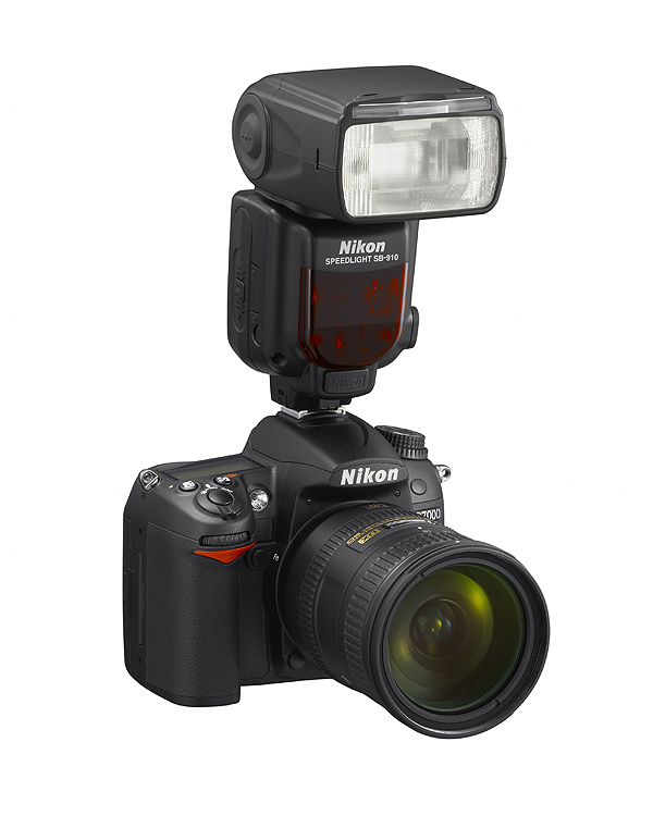Nikon Speedlight SB-910 flash: On Nikon D7000 camera body, front angle view