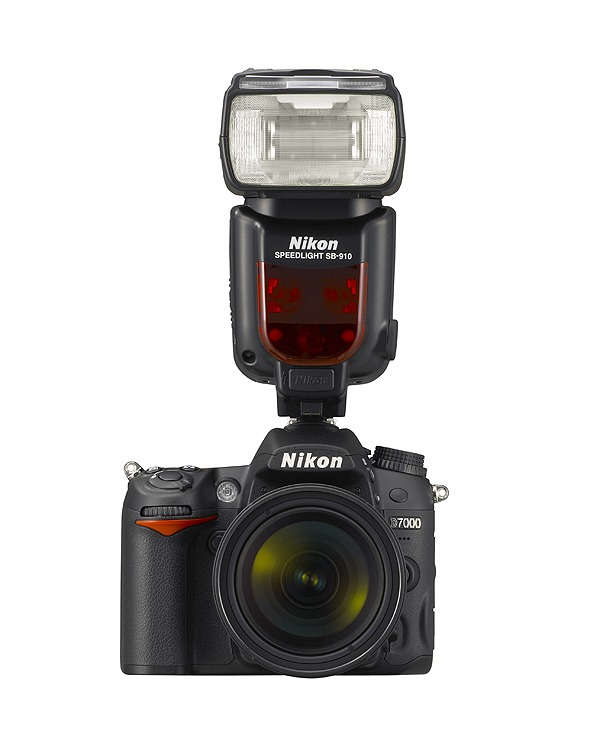 Nikon Speedlight SB-910 flash: On Nikon D7000 camera body, front view