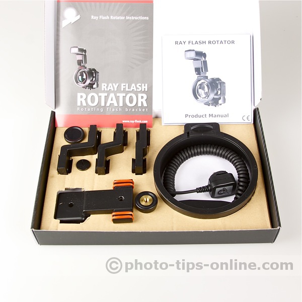 Ray Flash Rotator flash bracket: content of the box, bracket with TTL cord, 