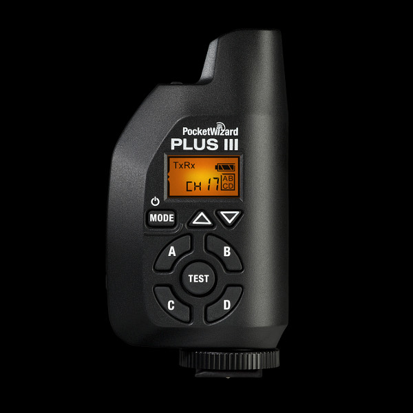 PocketWizard Plus III transceiver: front view, controls, LCD