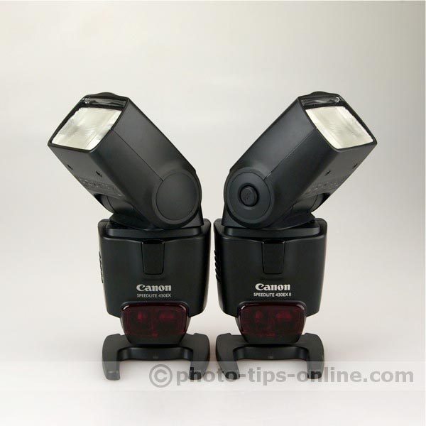 Canon Speedlite 430EX vs. Canon Speedlite 430EX II: front view, heads set at 45 degrees