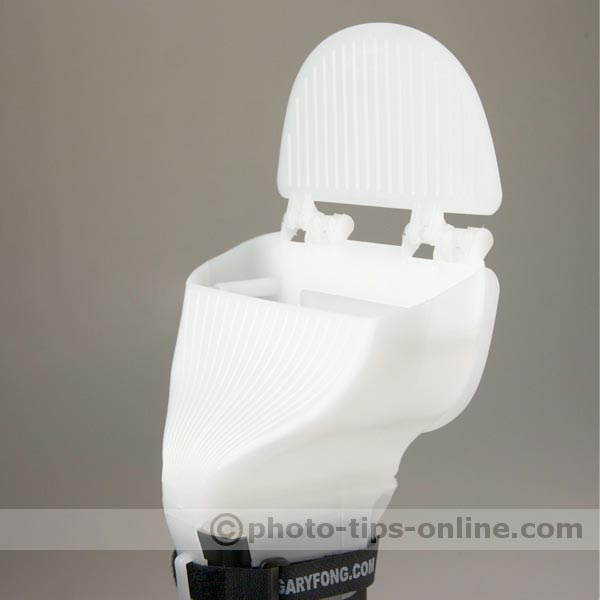 Gary Fong WhaleTail flash diffuser: top flap open, angle view