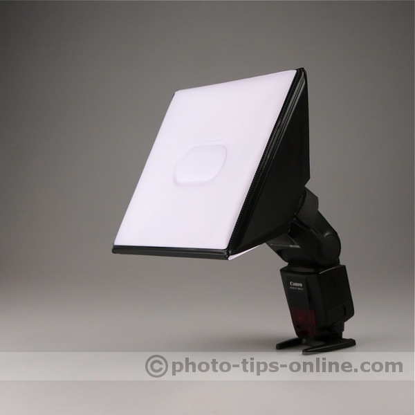 LumiQuest Softbox III flash diffuser: on a flash, angle view