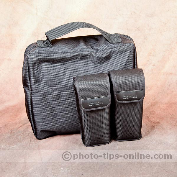 LumoPro LP739 Double Flash Speedring Bracket: carrying case next to Canon pouches