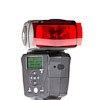 LumoPro LP180 flash: red gel installed, front view