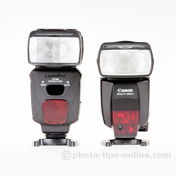 LumoPro LP180 flash: compared to Canon 580EX II, front