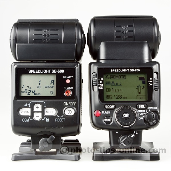 Nikon Speedlight SB-700 vs. Nikon Speedlight SB-600: LCD screen showing remote mode, group A, channel 1