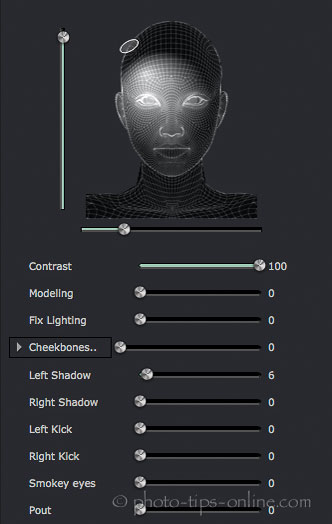Portrait Professional 12: lighting controls, contrast light in the upper left corner