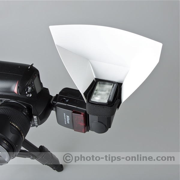 Promaster Universal Bounce Flash Reflector: portrait camera orientation, mounted on a narrow side of the flash