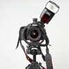 Ray Flash Rotator flash bracket: front view, flash is positioned about 30 degrees to the left of the camera
