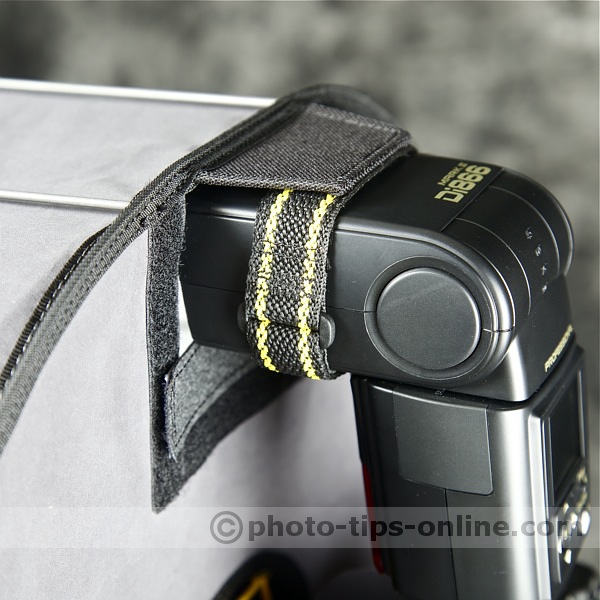 RoundFlash ring flash adapter: attached to Nissin Di866 II, flash head strap
