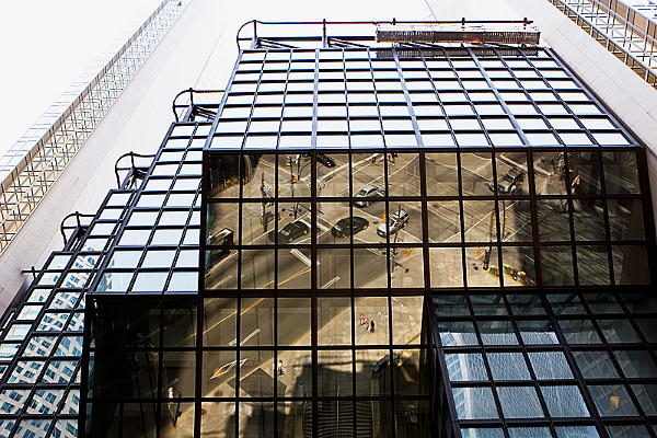 Architecture Photography Tips: The intersection of King & Bay reflected in a nearby financial building