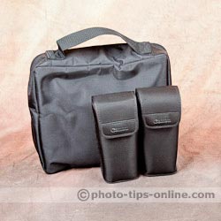LumoPro LP739 Double Flash Speedring Bracket: carrying case next to Canon pouches