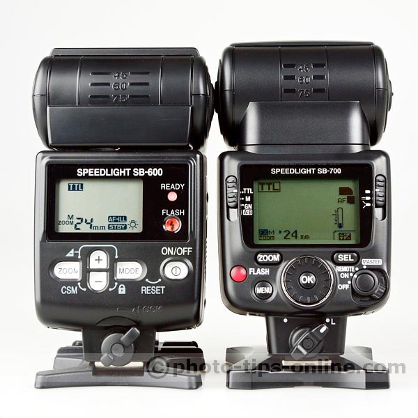 Nikon Speedlight SB-700 vs. Nikon Speedlight SB-600: back view, flashes are in standard i-TTL mode