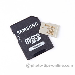 Samsung microSD card and included SD adapter: front